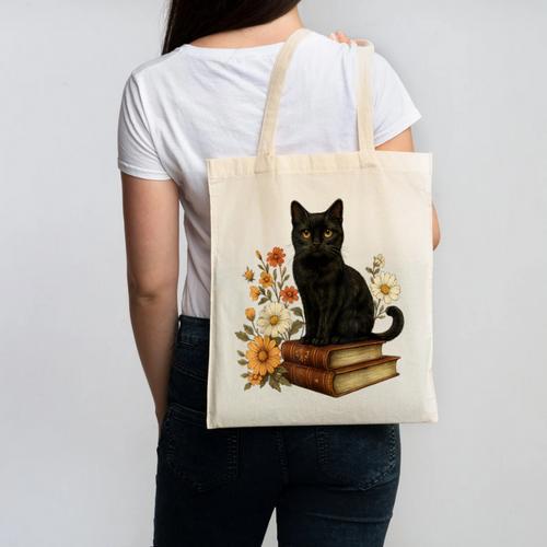 Cute Cat Book Flowers Canvas Tote Bag - Bookorys