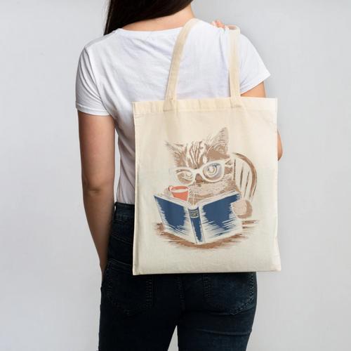Cute Cat Reading Books With Tea Canvas Tote Bag - Bookorys