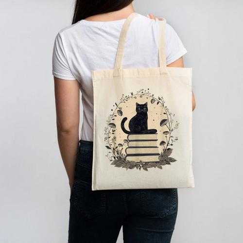 Cute Cat Sitting On Books With Mushrooms Cottage Core Canvas Tote Bag - Bookorys CA