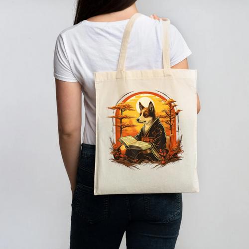 Cute Corgi Dog In Japanese Kimono With Book Men Women Girls Kids Canvas Tote Bag - Bookorys AU