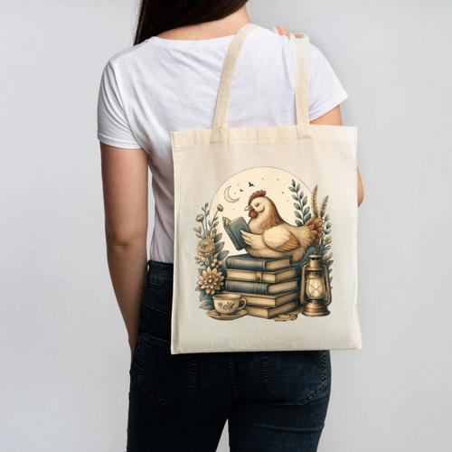 Cute Cottagecore Aesthetic Chicken Reading Book Nerd Canvas Tote Bag - Bookorys