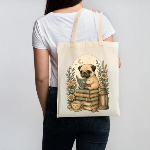 Cute Cottagecore Aesthetic Dog Pug Reading Book Nerd Canvas Tote Bag - Bookorys CA