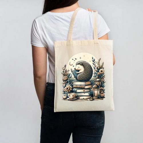 Cute Cottagecore Aesthetic Hedgehog Reading Book Nerd Canvas Tote Bag - Bookorys CA