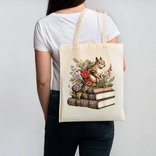 Cute Cottagecore Aesthetic Squirrel With Flowers Books Canvas Tote Bag - Bookorys