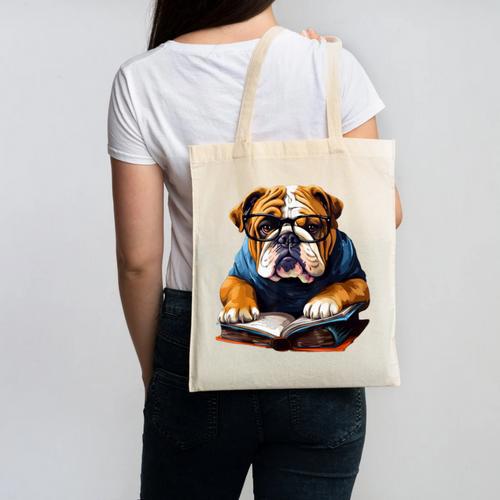 Cute Dog English Bulldog Reading Book Canvas Tote Bag - Bookorys CA