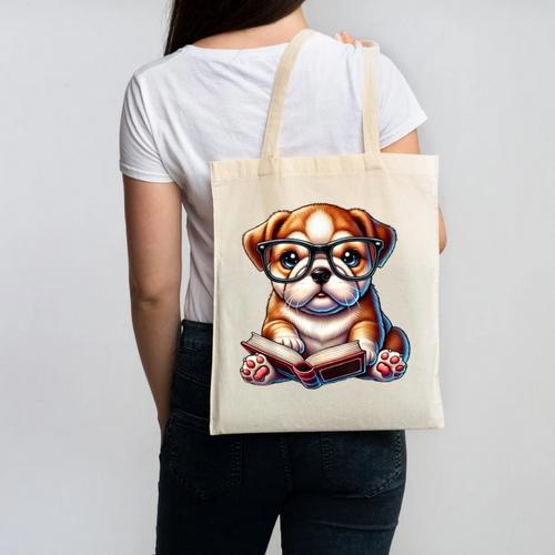 Cute Dog Puppy English Bulldog Reading Book Canvas Tote Bag - Bookorys
