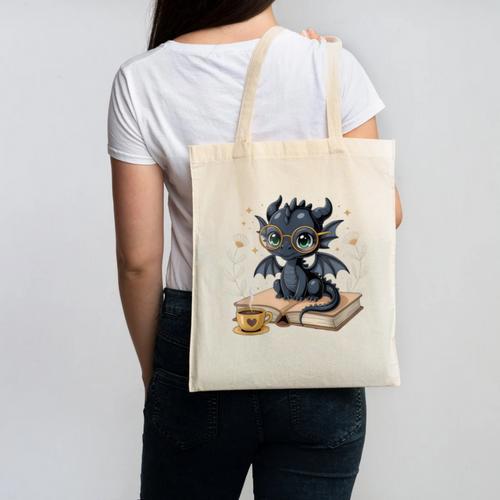 Cute Dragon Books Flower Bookworm Book Lover Canvas Tote Bag - Bookorys