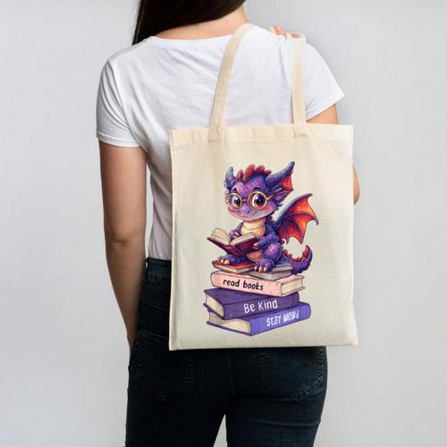 Cute Dragon Read Books Be Kind Stay Weird Book Lover Canvas Tote Bag - Bookorys