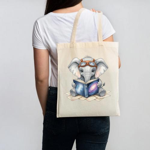 Cute Elephant Reading Universe Book Canvas Tote Bag - Bookorys