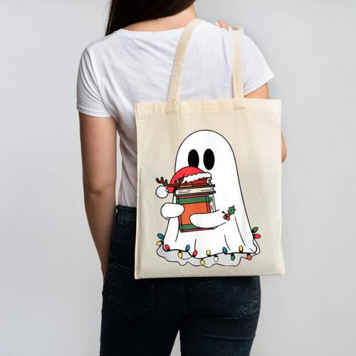 Cute Ghost Holding Books Bookish Christmas Canvas Tote Bag - Bookorys