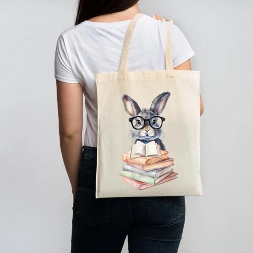 Cute Reading Bunny With Glasses Books Reader Book Bookworm Canvas Tote Bag - Bookorys