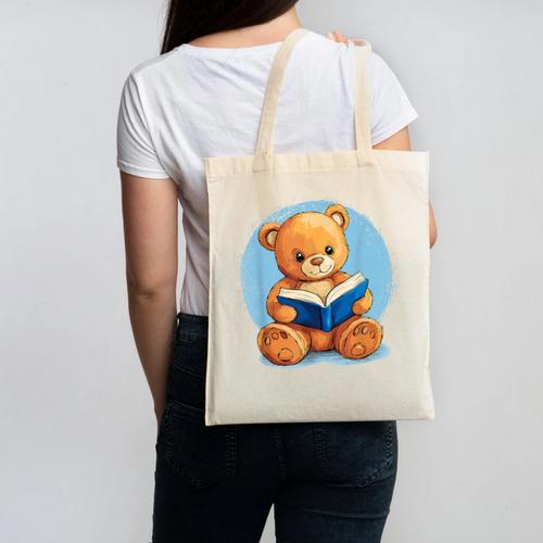 Cute Teddy Bear Reading Book Fun Canvas Tote Bag - Bookorys DE