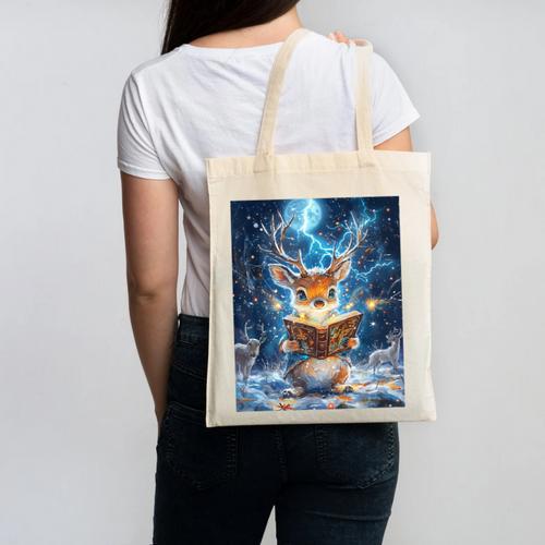 Deer Reads Book Women Girls Reindeer Canvas Tote Bag - Bookorys DE