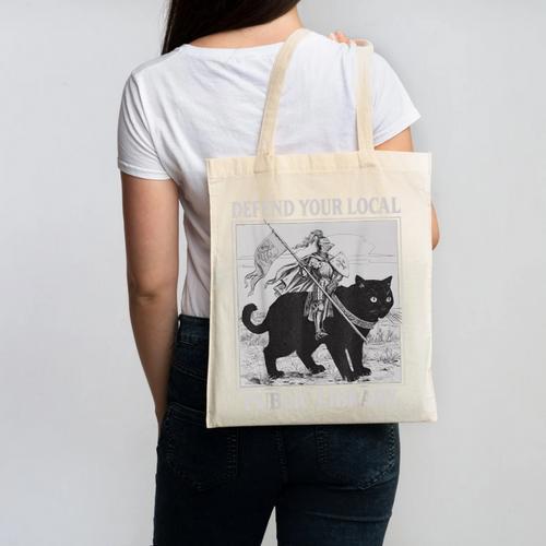 Defend Your Local Library Knight Cat Rider Book Lover Canvas Tote Bag - Bookorys CA