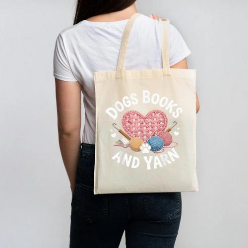 Dogs Books And Yarn Crocheting Canvas Tote Bag - Bookorys