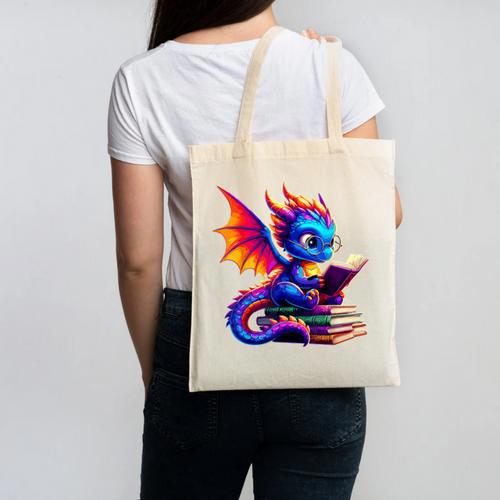 Dragon Reading a Book Bookworm Book Lover Canvas Tote Bag - Bookorys CA