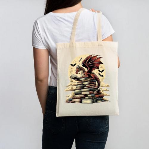 Dragon Reading a Book Dragons And Books Lover Bookworm Canvas Tote Bag - Bookorys