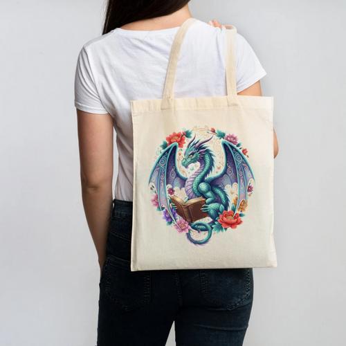 Dragon Reading Book Girls Kids Bookworm Book Lover Canvas Tote Bag - Bookorys