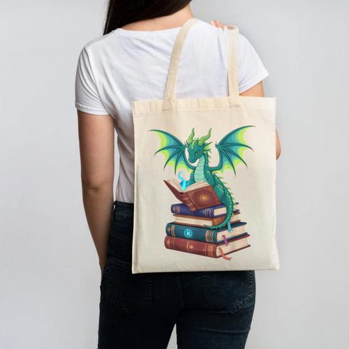 Dragon Reading Books Fantasy Lovers Mythical Creatures Canvas Tote Bag - Bookorys