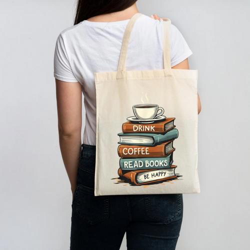 Drink Coffee Read Books Be Happy Caffeine Espresso Canvas Tote Bag - Bookorys