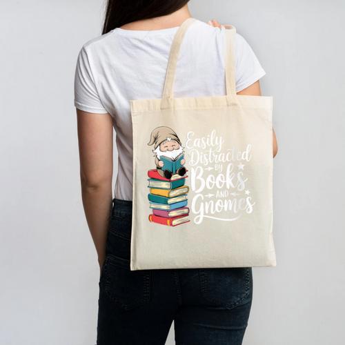 Easily Distracted By Books And Gnomes Canvas Tote Bag - Bookorys CA