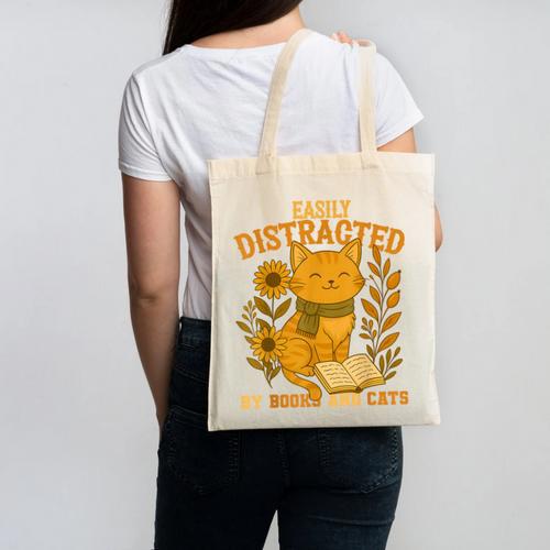 Easily Distracted By Cats And Books Cute Cat Book Lover Canvas Tote Bag - Bookorys DE