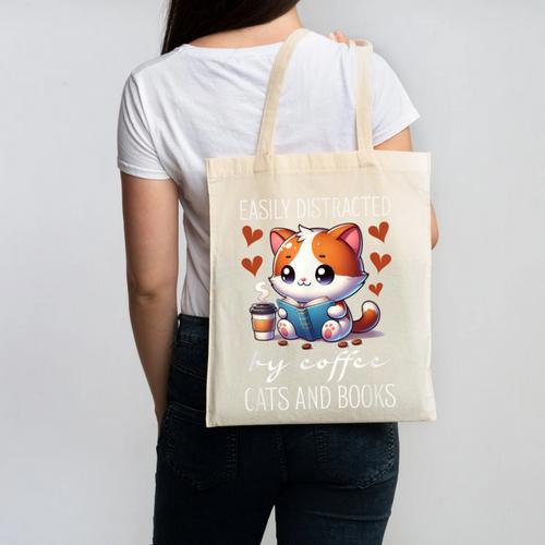 Easily Distracted By Coffee Cats And Books Canvas Tote Bag - Bookorys