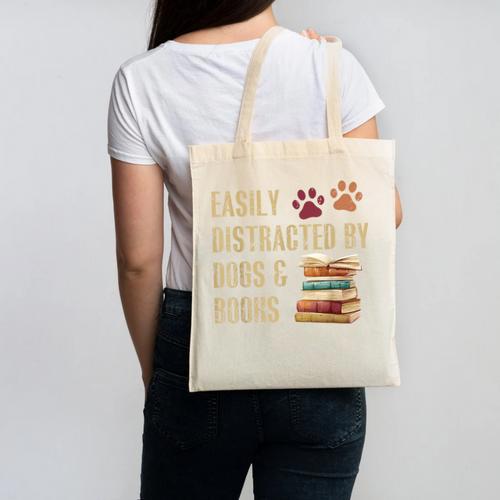 Easily Distracted By Dogs And Books Pets Books Lovers Canvas Tote Bag - Bookorys