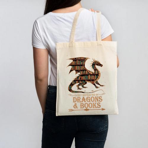 Easily Distracted By Dragons And Books Library Dragon Lover Canvas Tote Bag - Bookorys CA