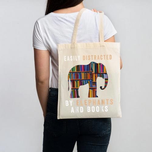 Easily Distracted By Elephants And Books Elephant Canvas Tote Bag - Bookorys CA