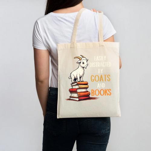 Easily Distracted By Goats And Books Goats And Book Reading Canvas Tote Bag - Bookorys