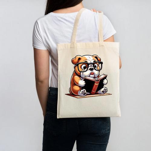 English Bulldog Reading a Book Dog For Men Women Girls Kids Canvas Tote Bag - Bookorys