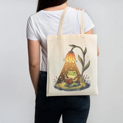 Frog Reading Book Shirt Cottagecore Frog Books Women Girls Canvas Tote Bag - Bookorys