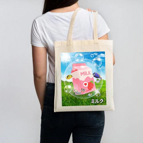 Frutiger Aero Aesthetic Tech Kawaii Strawberry Milk Fishes Canvas Tote Bag - Figerry