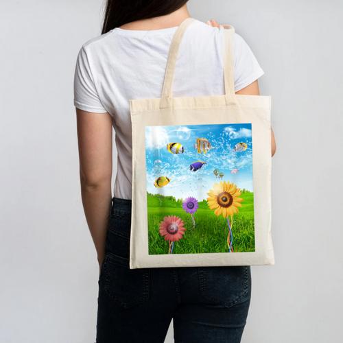 Frutiger Aero Aesthetic Tech Scenery Fishes Sunflower Canvas Tote Bag - Figerry