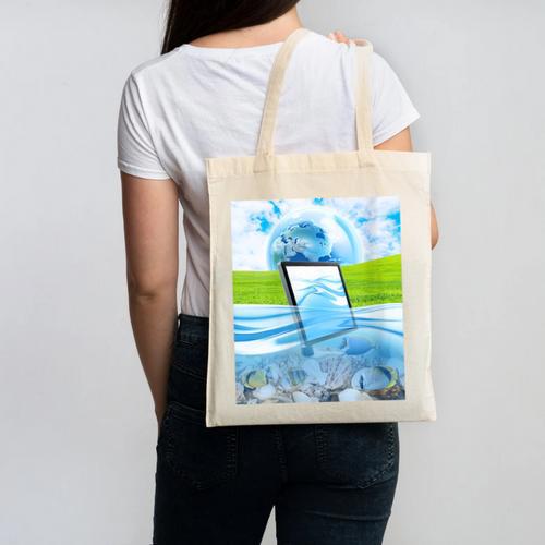 Frutiger Aero Aesthetic Tech Water Fishes Monitor Screen Canvas Tote Bag - Figerry