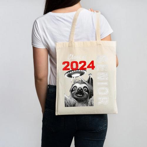 Fun Trendy UFO Sloth Graduation Class Of 2024 Senior Canvas Tote Bag - Best Gift Smart