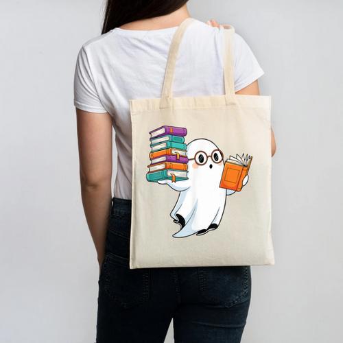 Ghost Reading Books Halloween Library Canvas Tote Bag - Bookorys