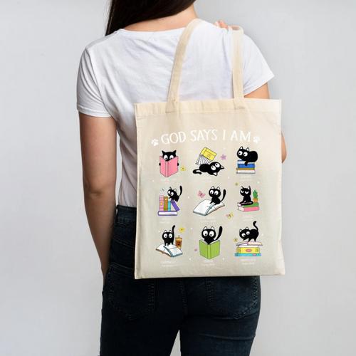 God Says I Am Cat Book Lover Christian Cute Jesus Girls Kids Canvas Tote Bag - Bookorys DE