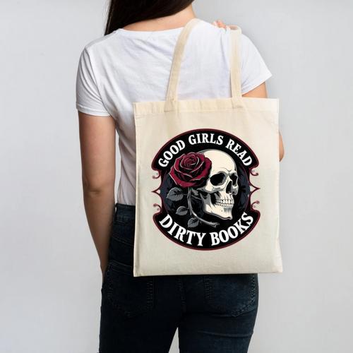 Good Girls Read Dirty Books Smut Reader Dark Romance Skull Canvas Tote Bag - Bookorys CA