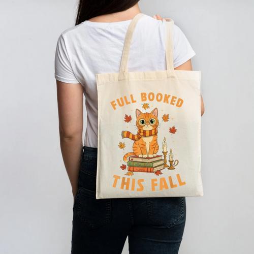 Halloween Fully Booked This Fall Book Ginger Cat Reading Canvas Tote Bag - Bookorys