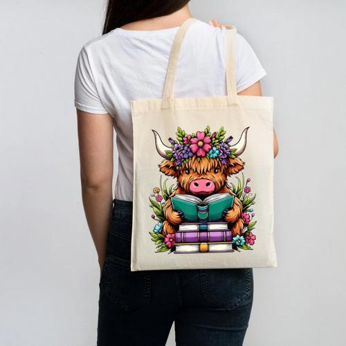 Highland Cow Book Floral Bookworm Canvas Tote Bag - Bookorys