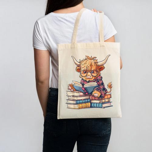 Highland Cow Reading Book Librarian Library Canvas Tote Bag - Bookorys