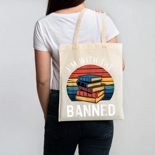 I'm With The Banned Stack Of Books Vintage Sunset Retro Canvas Tote Bag - Bookorys