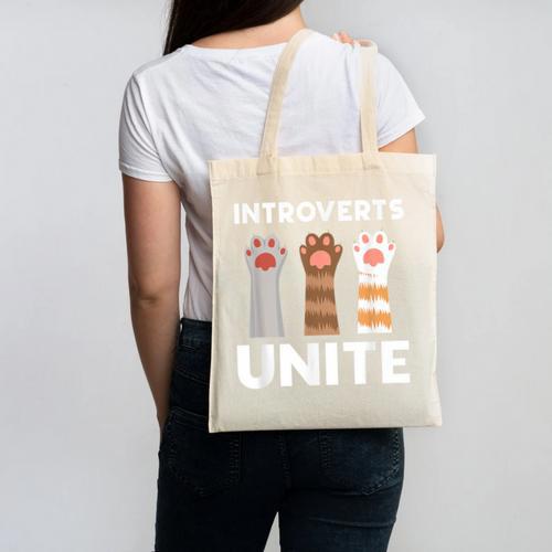 Introvert Unite Kitty Paws Raise Introverted Gathering Canvas Tote Bag - Raresse