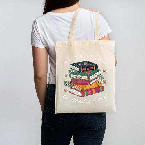 It's a Good Day To Read a Book Floral Stack Tee Canvas Tote Bag - Bookorys