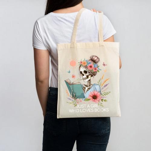 Just A Girl Who Loves Books Messy Bun Book Skeleton Bookworm Canvas Tote Bag - Bookorys