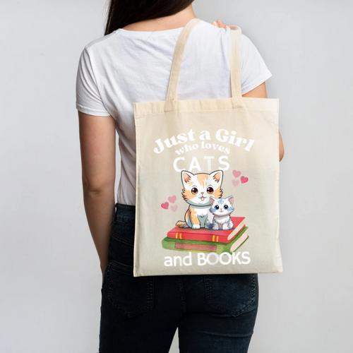 Just A Girl That Loves Cats And Books Cute Cat & Bookwork Canvas Tote Bag - Bookorys CA