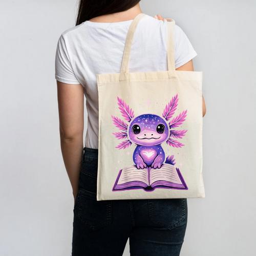Kawaii Axolotl Cute Axolotls Reading Book Canvas Tote Bag - Bookorys