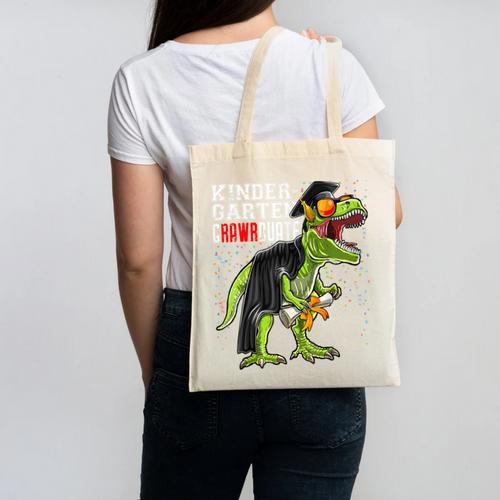 Kindergarten Grawrduate Dinosaur Graduation Cap Shirt Canvas Tote Bag - Best Gift Smart
